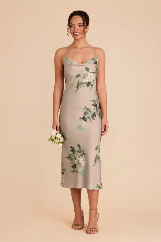 Lisa Matte Satin Midi Dress - Latte Camellia Blooms sold by Birdy Grey