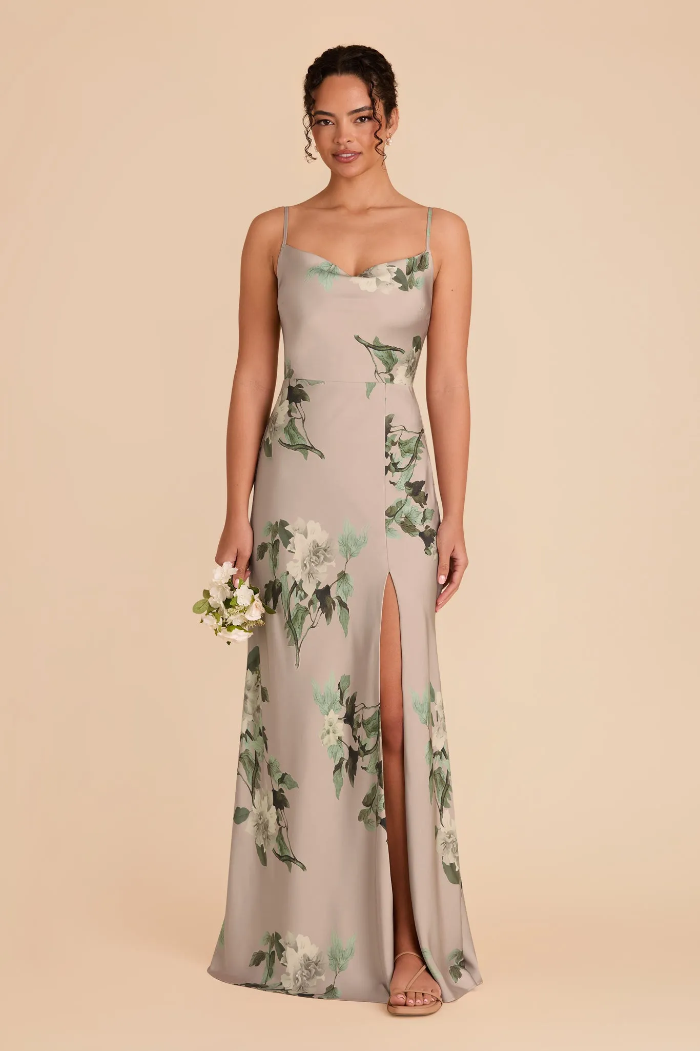 Lisa Long Matte Satin Dress - Latte Camellia Blooms sold by Birdy Grey
