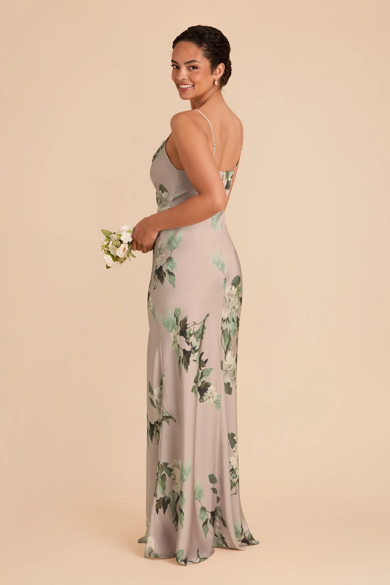 Lisa Long Matte Satin Dress - Latte Camellia Blooms sold by Birdy Grey product image thumbnail 3