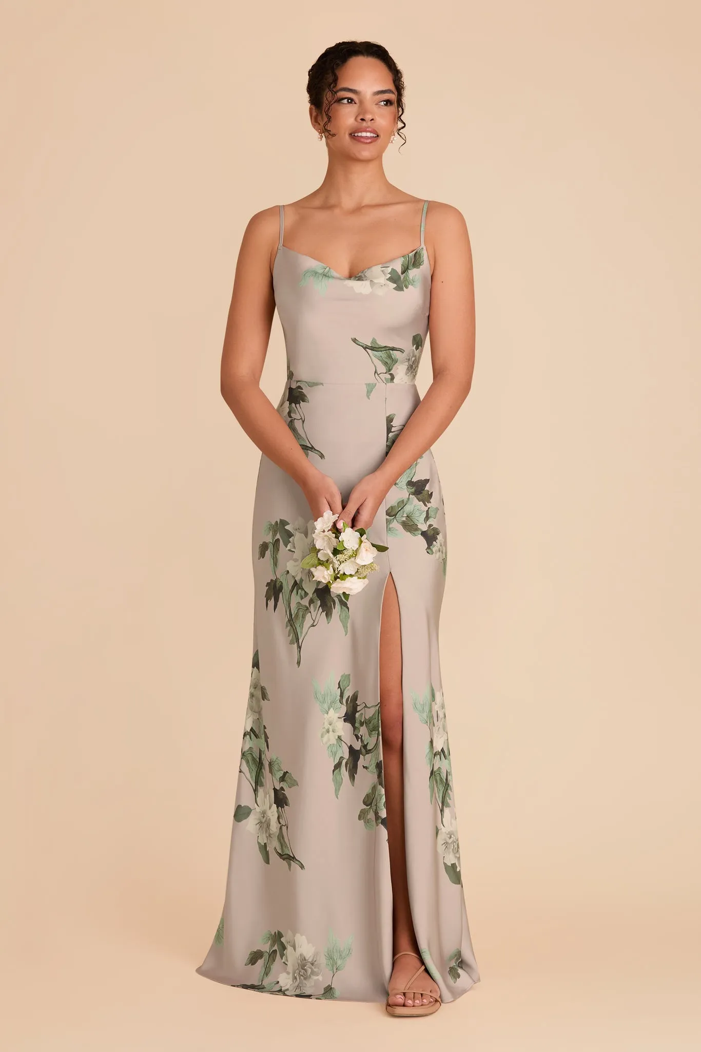 Lisa Long Matte Satin Dress - Latte Camellia Blooms sold by Birdy Grey product image thumbnail 2