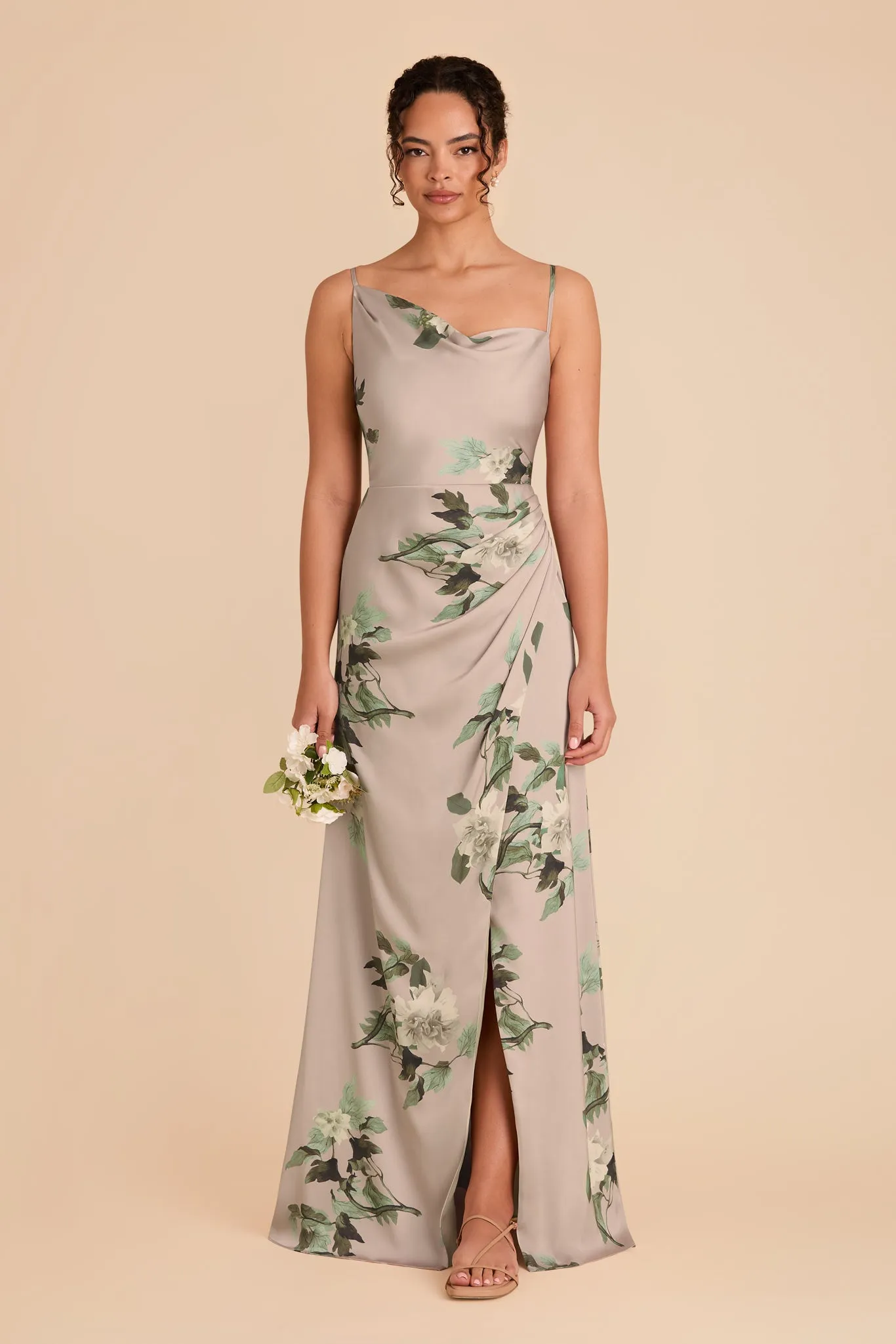 Jennifer Matte Satin Dress - Latte Camellia Blooms sold by Birdy Grey