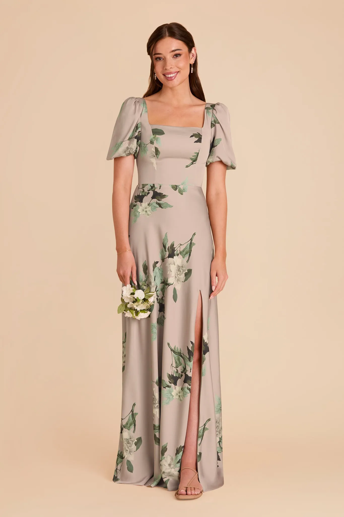 Judy Matte Satin Dress - Latte Camellia Blooms sold by Birdy Grey product image thumbnail 2