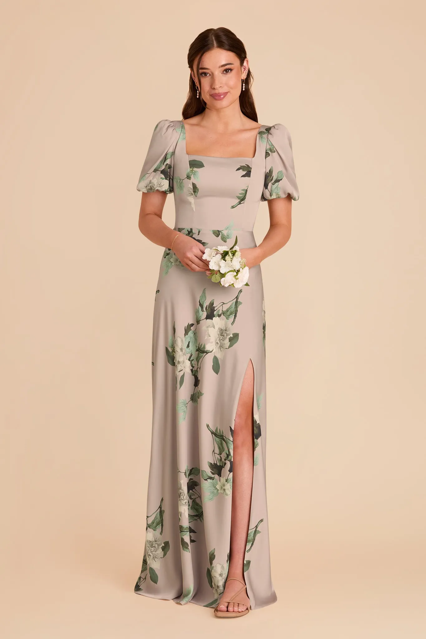 Judy Matte Satin Dress - Latte Camellia Blooms sold by Birdy Grey