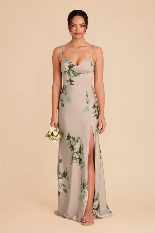 Jay Matte Satin Dress - Latte Camellia Blooms sold by Birdy Grey
