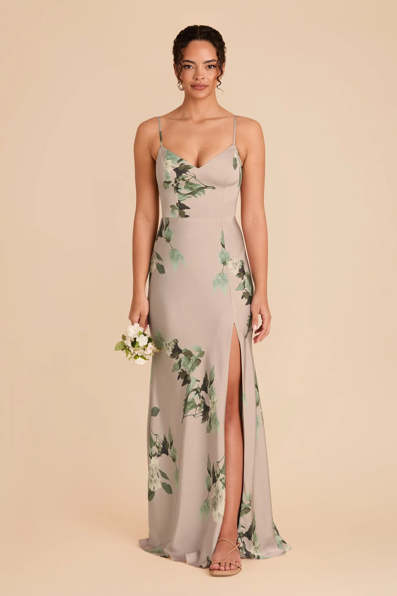 Jay Matte Satin Dress - Latte Camellia Blooms sold by Birdy Grey
