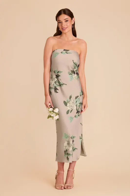 Isla Matte Satin Dress - Latte Camellia Blooms sold by Birdy Grey