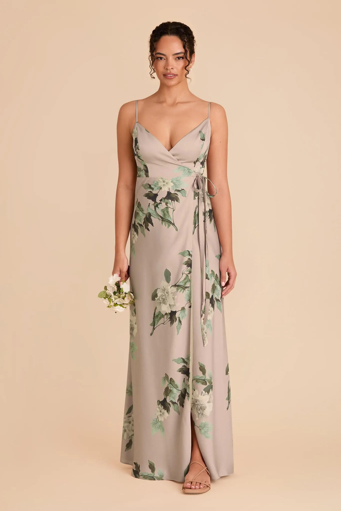 Cindy Matte Satin Dress - Latte Camellia Blooms sold by Birdy Grey