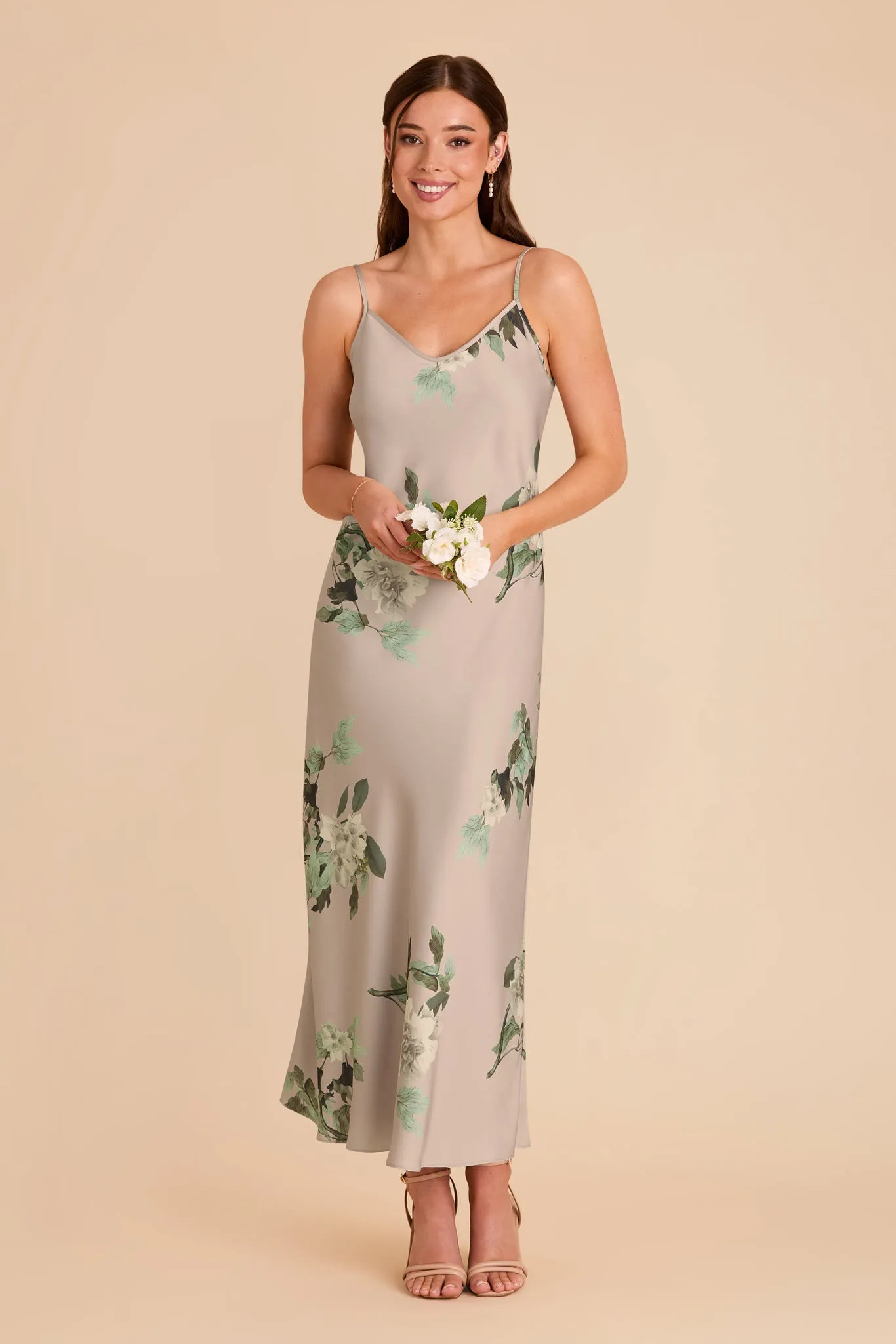 Alice Matte Satin Dress - Latte Camellia Blooms sold by Birdy Grey