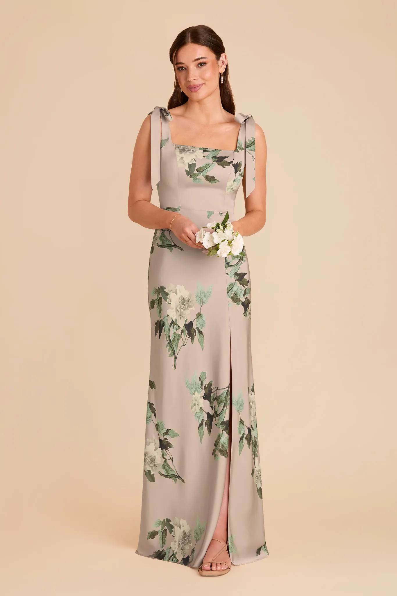 Alex Convertible Dress Matte Satin - Latte Camellia Blooms sold by Birdy Grey