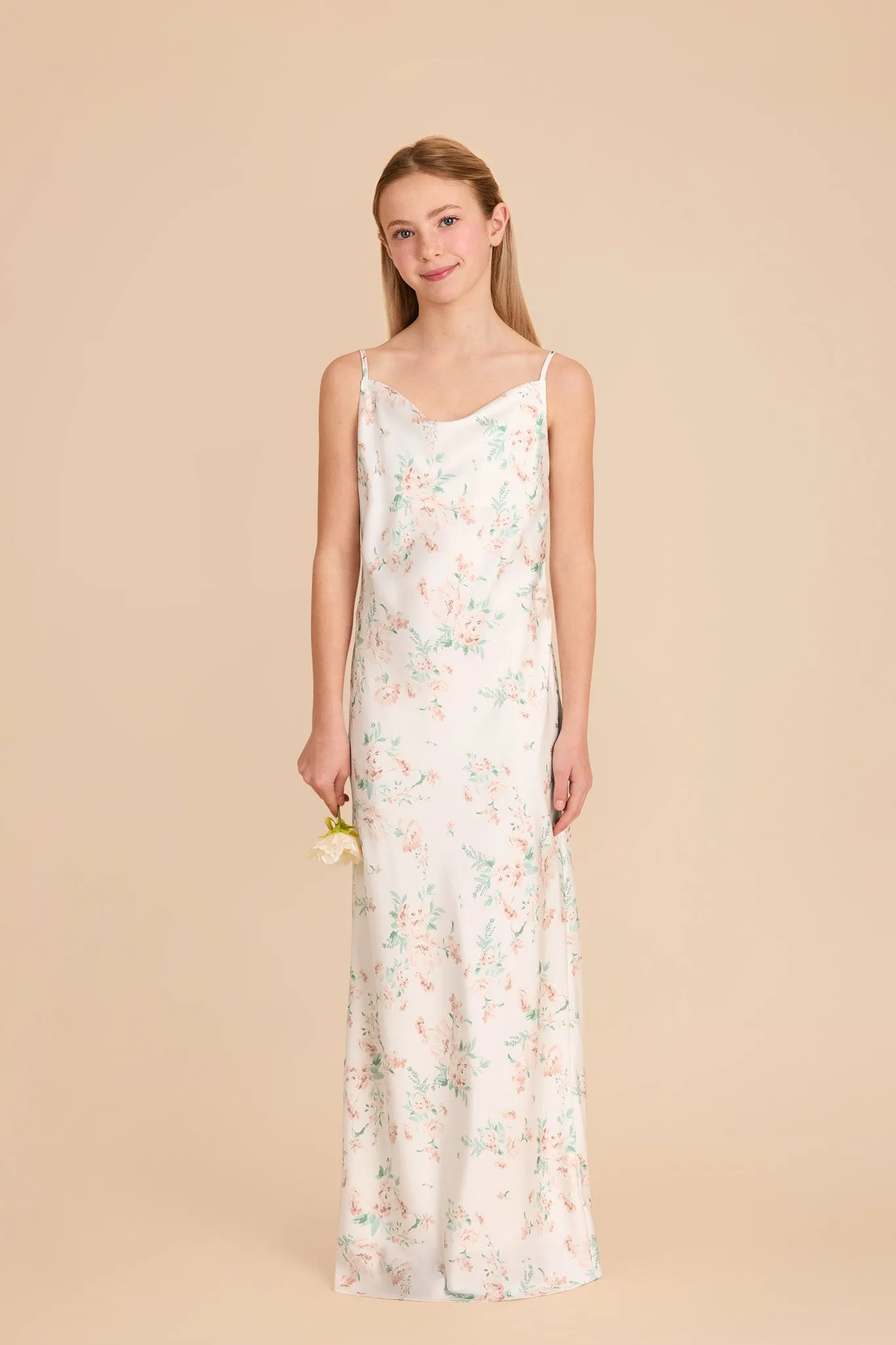 Elisa Junior Matte Satin Dress - Apricot Whimsical Blooms sold by Birdy Grey