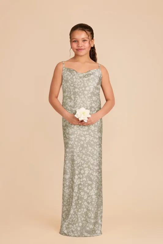 Elisa Junior Matte Satin Dress - Moss Green Dreamy Floral sold by Birdy Grey