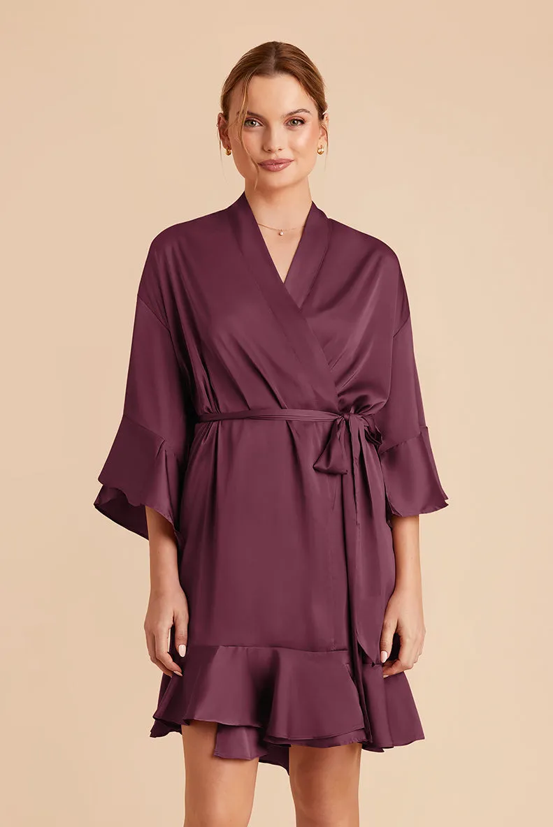 Kenny Ruffle Satin Robe - Cabernet sold by Birdy Grey