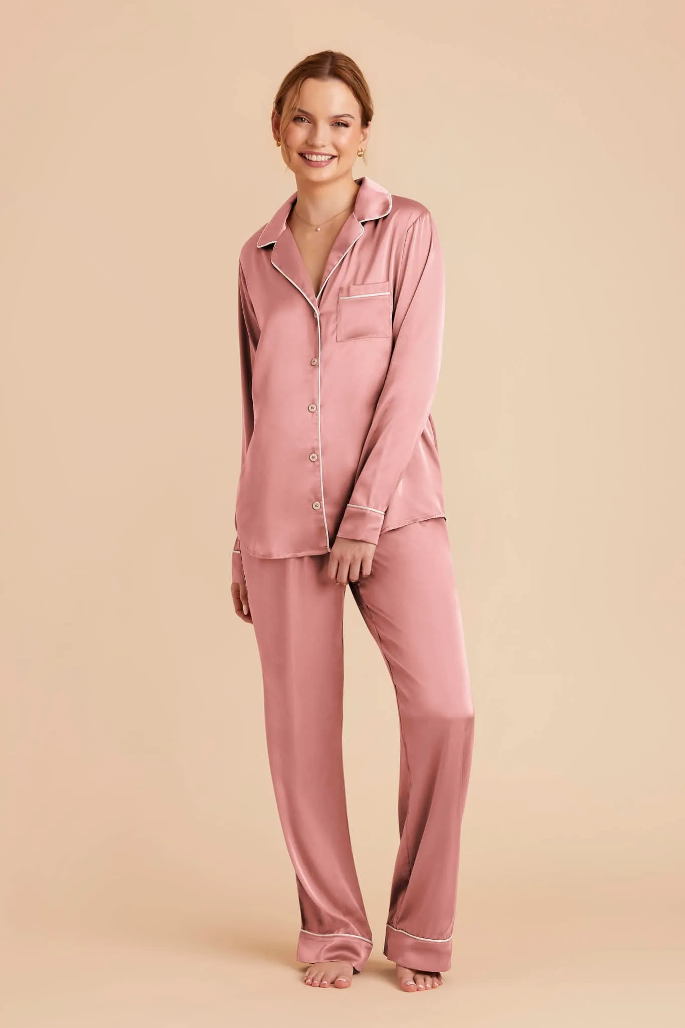 Jonny Long Sleeves and Pants Satin PJ Set - Dusty Rose sold by Birdy Grey