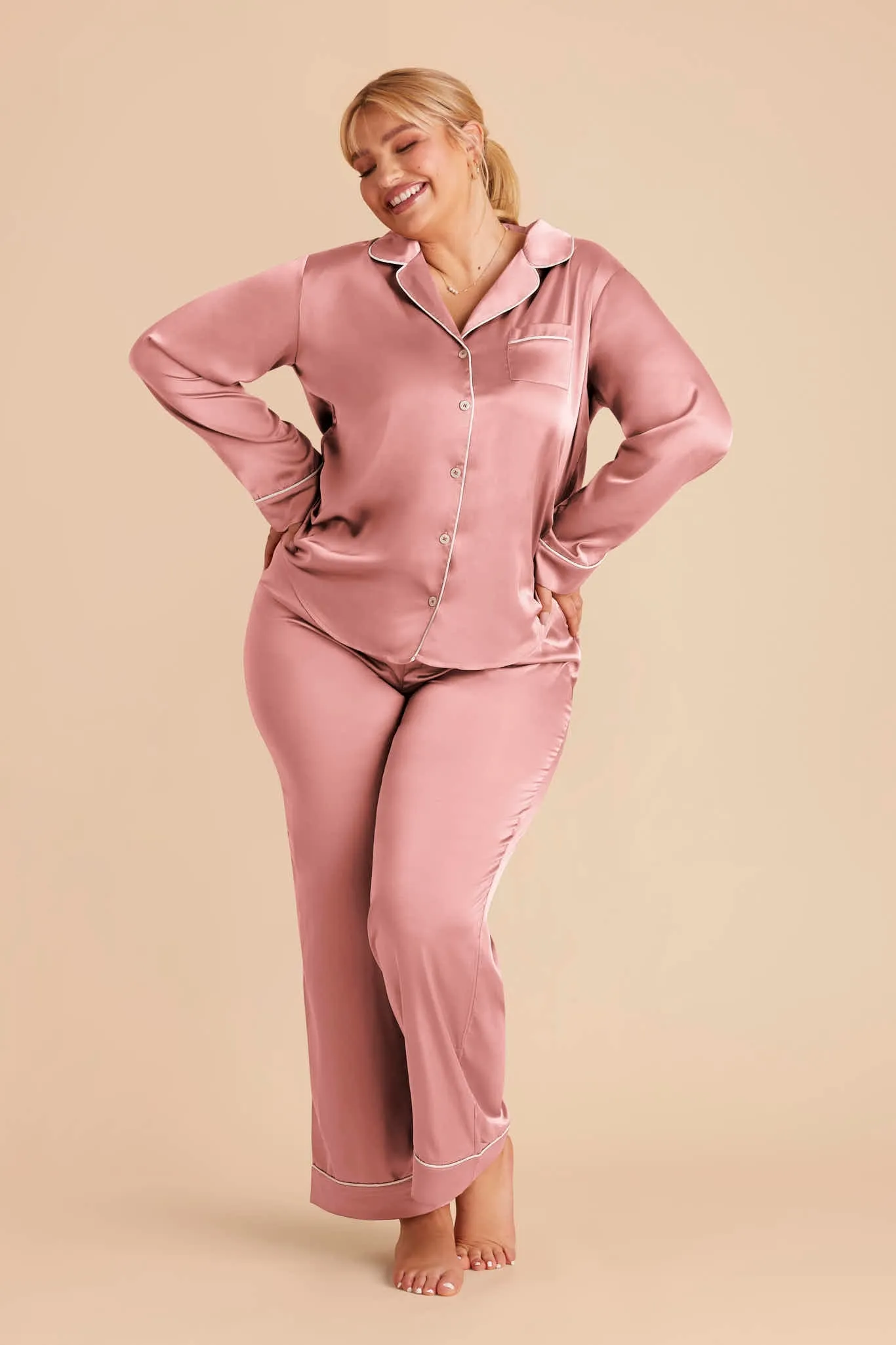 Jonny Long Sleeves and Pants Satin PJ Set - Dusty Rose sold by Birdy Grey product image thumbnail 3