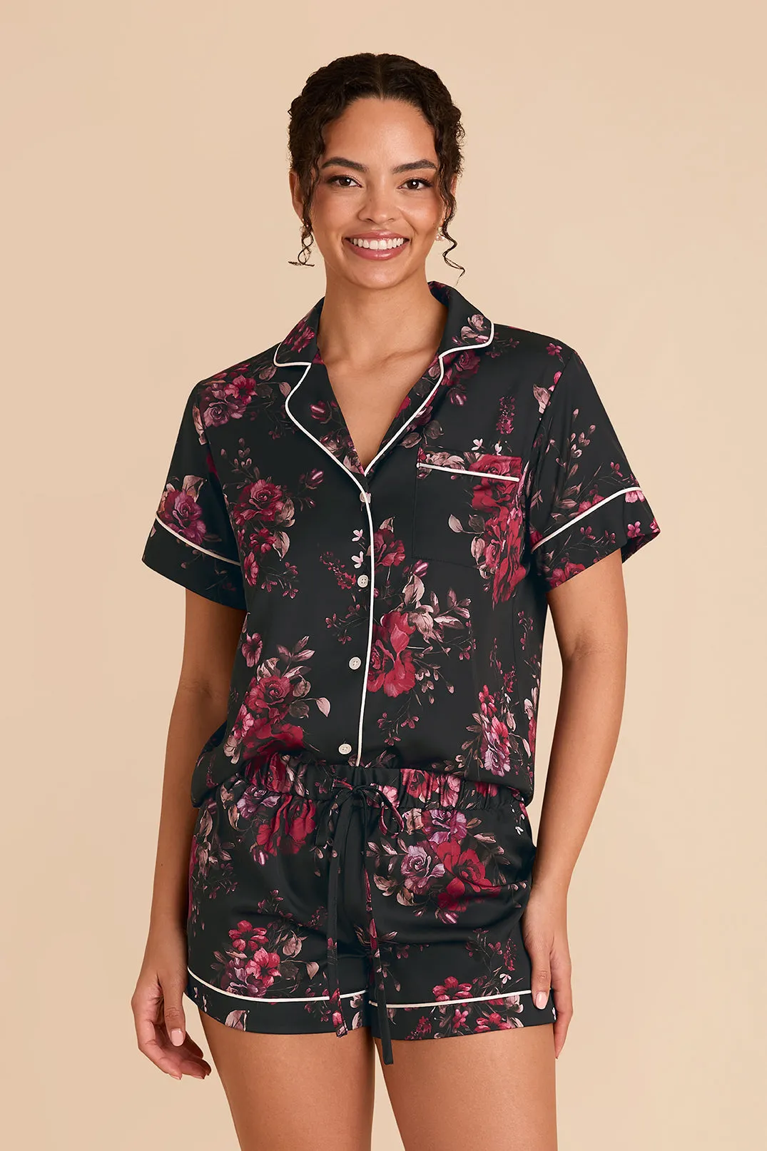 Jonny Satin Floral Pajama Set - Black Fleurs D'Amour sold by Birdy Grey product image thumbnail 4