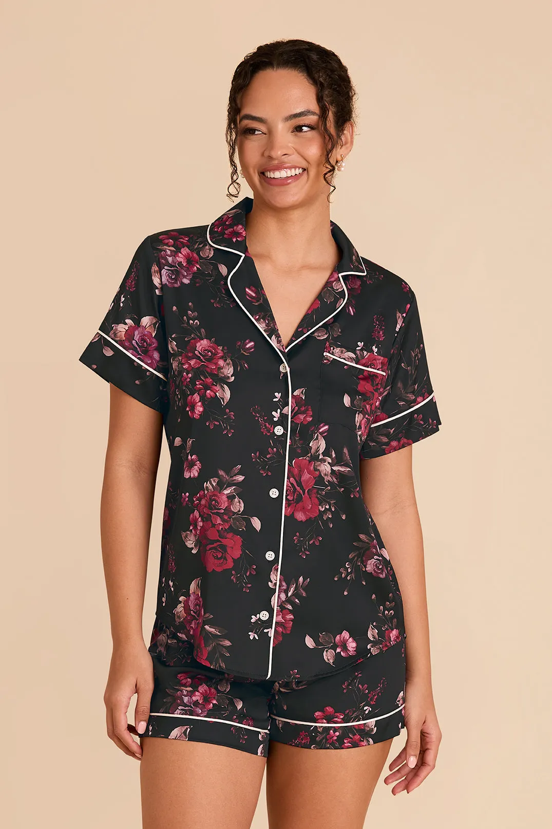 Jonny Satin Floral Pajama Set - Black Fleurs D'Amour sold by Birdy Grey