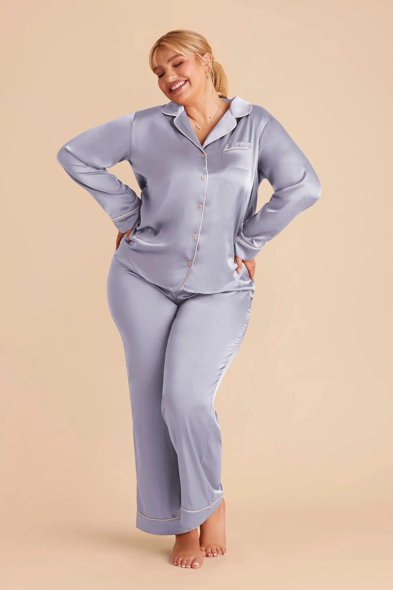 Jonny Long Sleeves and Pants Satin PJ Set - Dusty Blue sold by Birdy Grey product image thumbnail 3