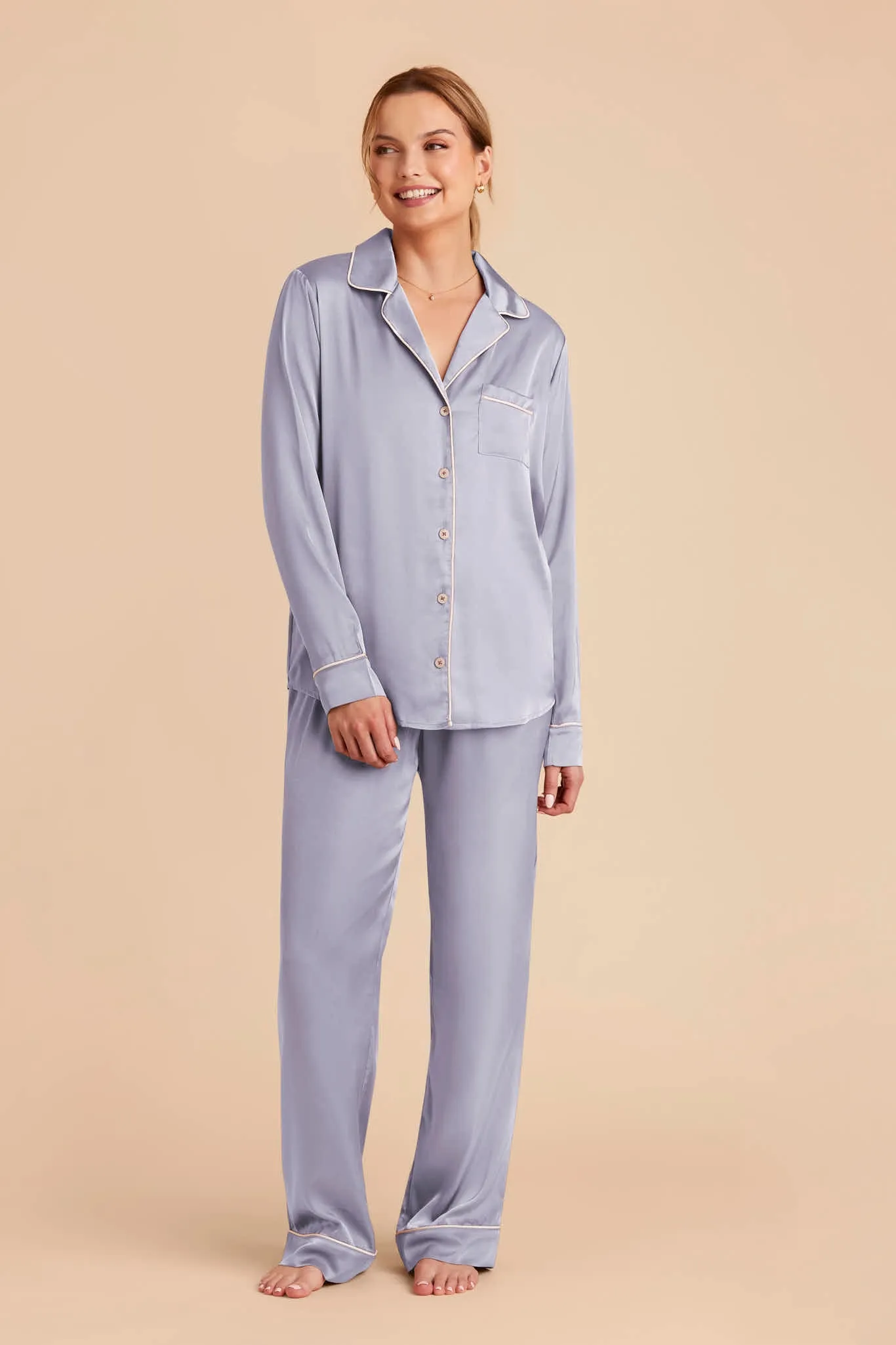 Jonny Long Sleeves and Pants Satin PJ Set - Dusty Blue sold by Birdy Grey