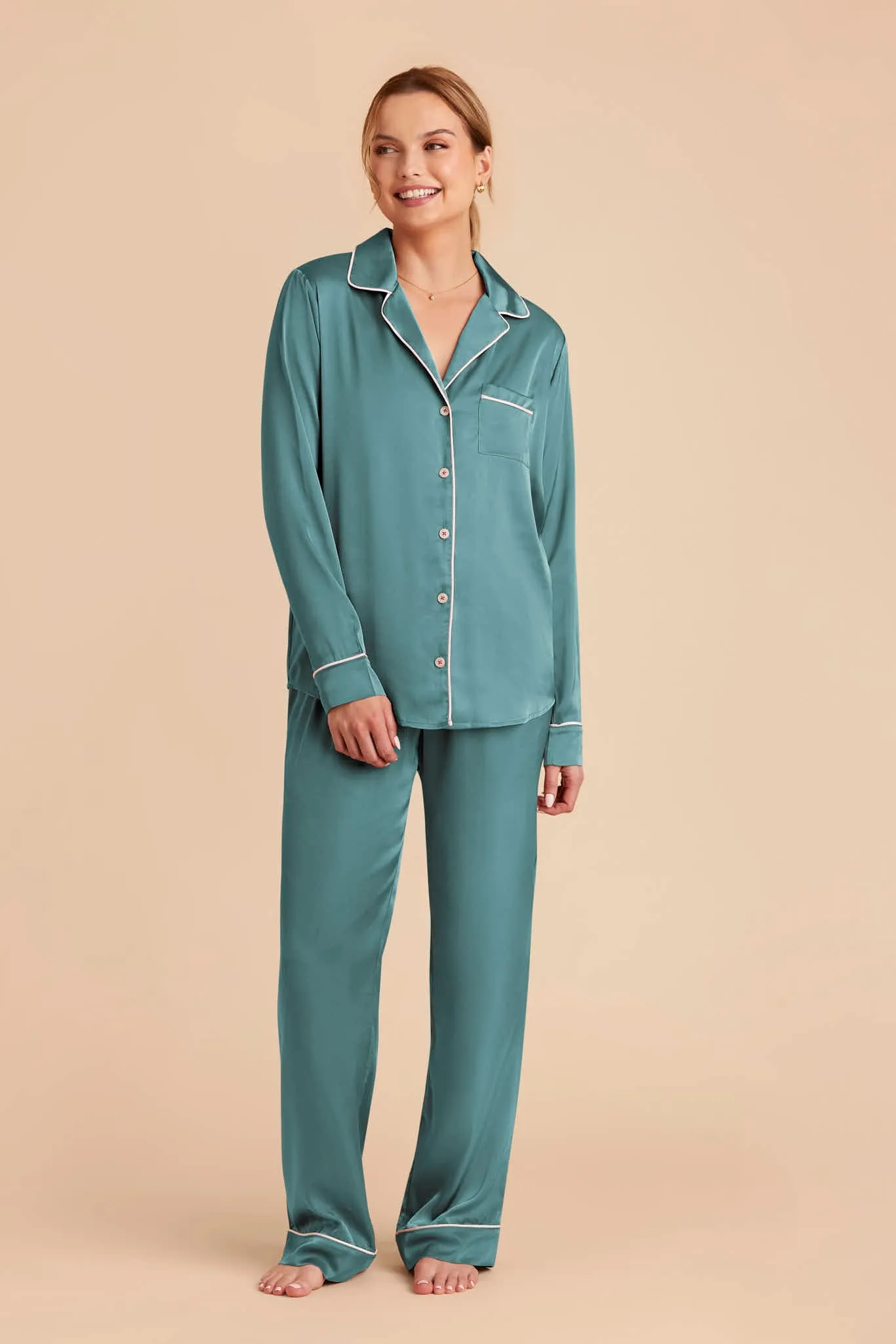 Jonny Long Sleeves and Pants Satin PJ Set - Sea Glass sold by Birdy Grey product image thumbnail 5