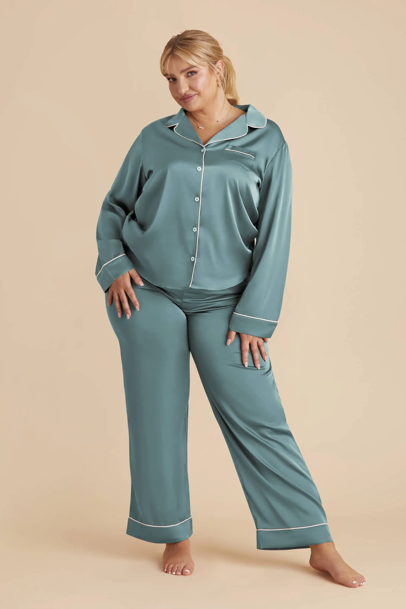 Jonny Long Sleeves and Pants Satin PJ Set - Sea Glass sold by Birdy Grey product image thumbnail 3