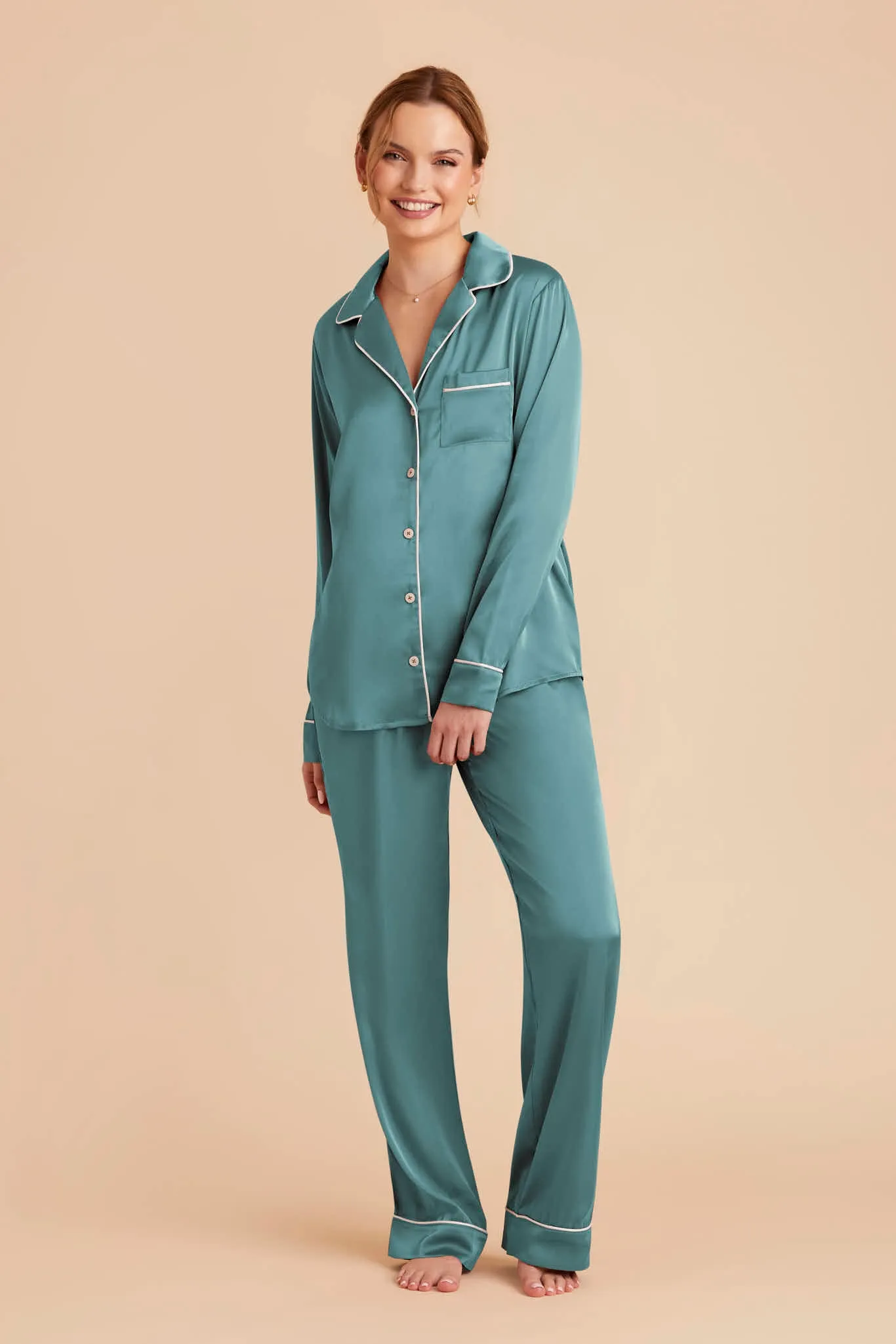 Jonny Long Sleeves and Pants Satin PJ Set - Sea Glass sold by Birdy Grey product image thumbnail 4