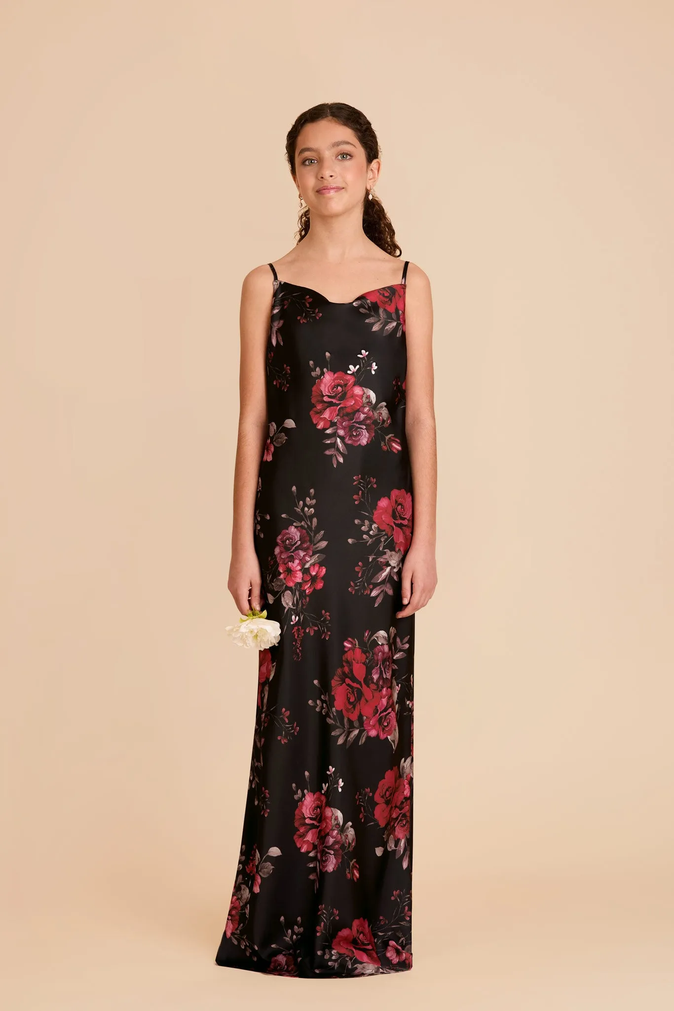 Elisa Junior Matte Satin Dress - Black Fleurs D'Amour sold by Birdy Grey