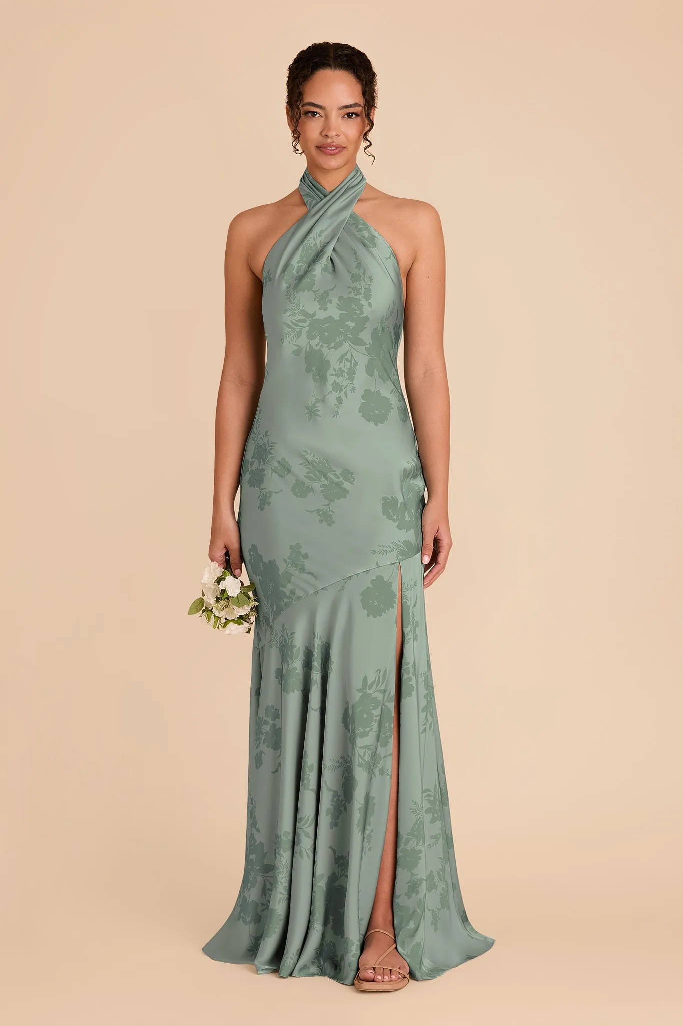 Stephanie Matte Satin Dress - Sage Whimsical Blooms sold by Birdy Grey