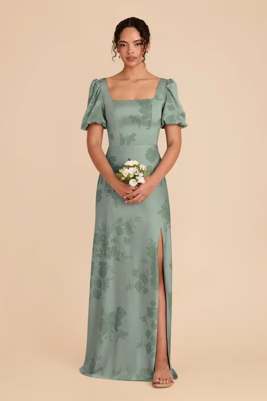Judy Matte Satin Dress - Sage Whimsical Blooms sold by Birdy Grey