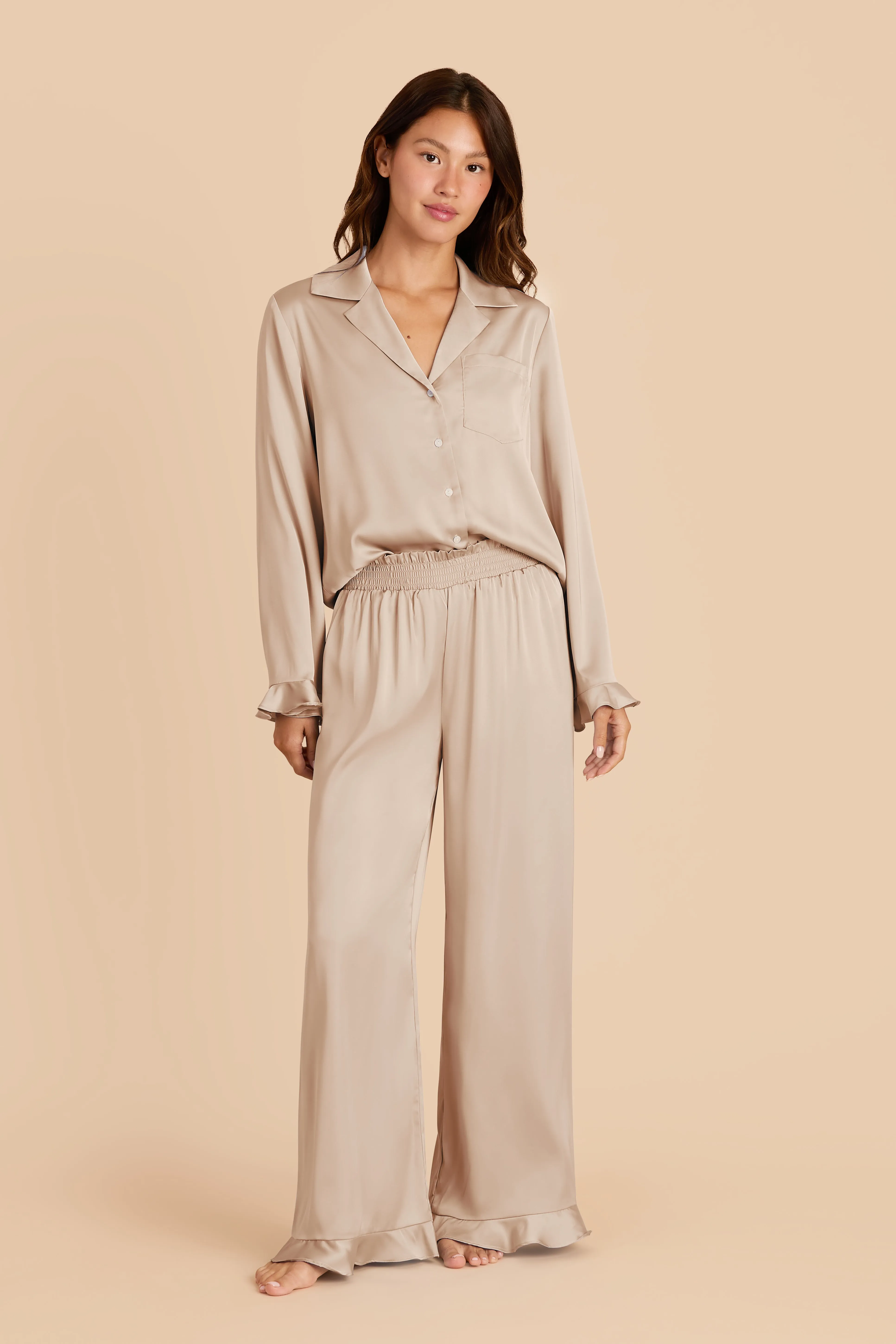 Esther Ruffled Long Sleeve Pajama Set - Neutral Champagne sold by Birdy Grey