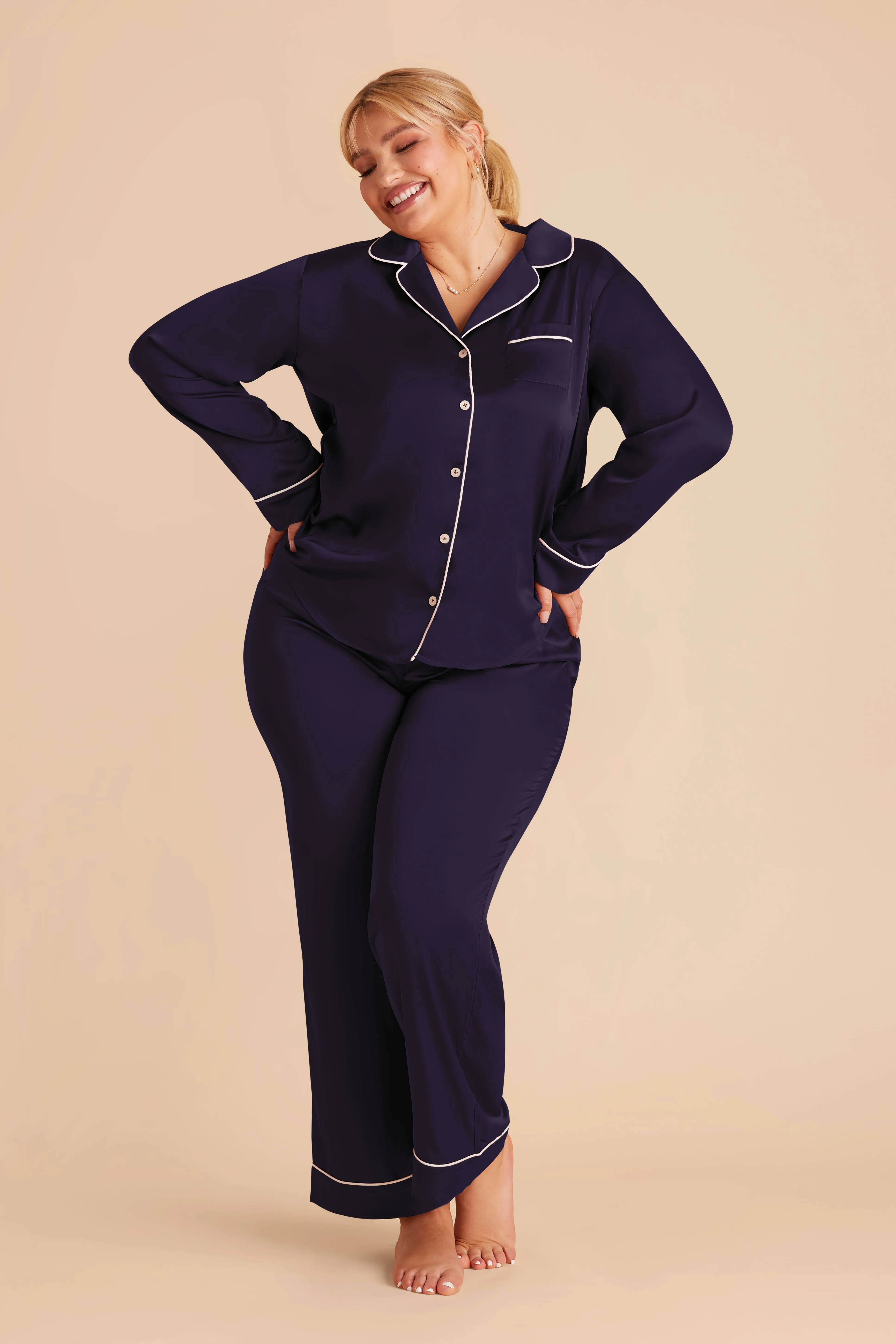 Jonny Satin Long Sleeve Pajama and Pants Set - Navy sold by Birdy Grey product image thumbnail 3