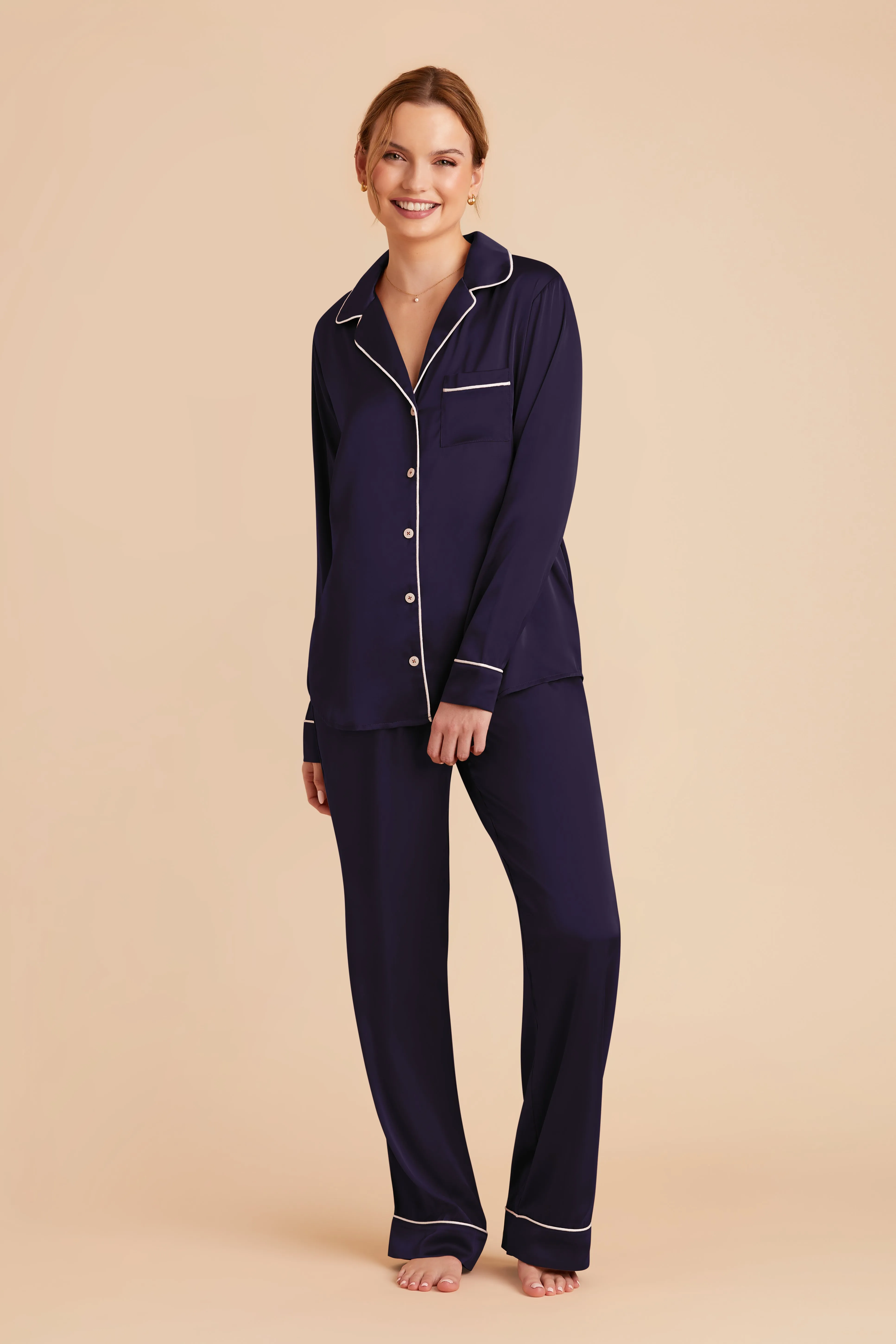 Jonny Satin Long Sleeve Pajama and Pants Set - Navy sold by Birdy Grey