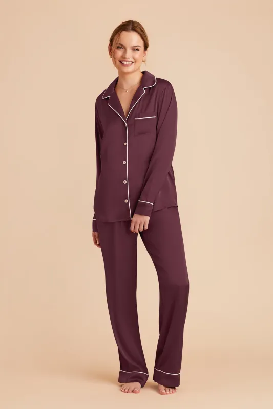 Jonny Satin Long Sleeve Pajama and Pants Set - Cabernet sold by Birdy Grey