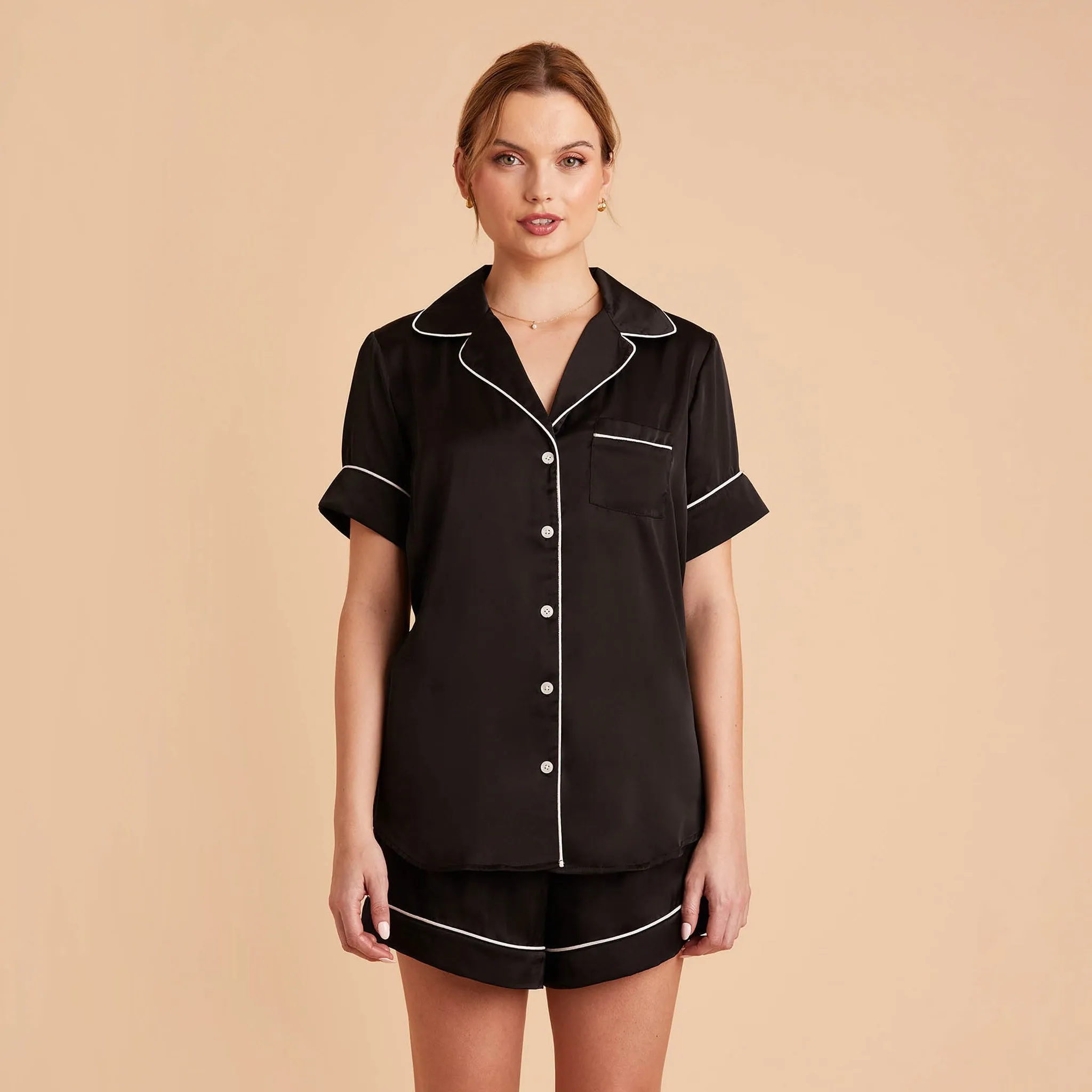 Jonny Satin Short Sleeve Pajama Top - Black sold by Birdy Grey product image thumbnail 5