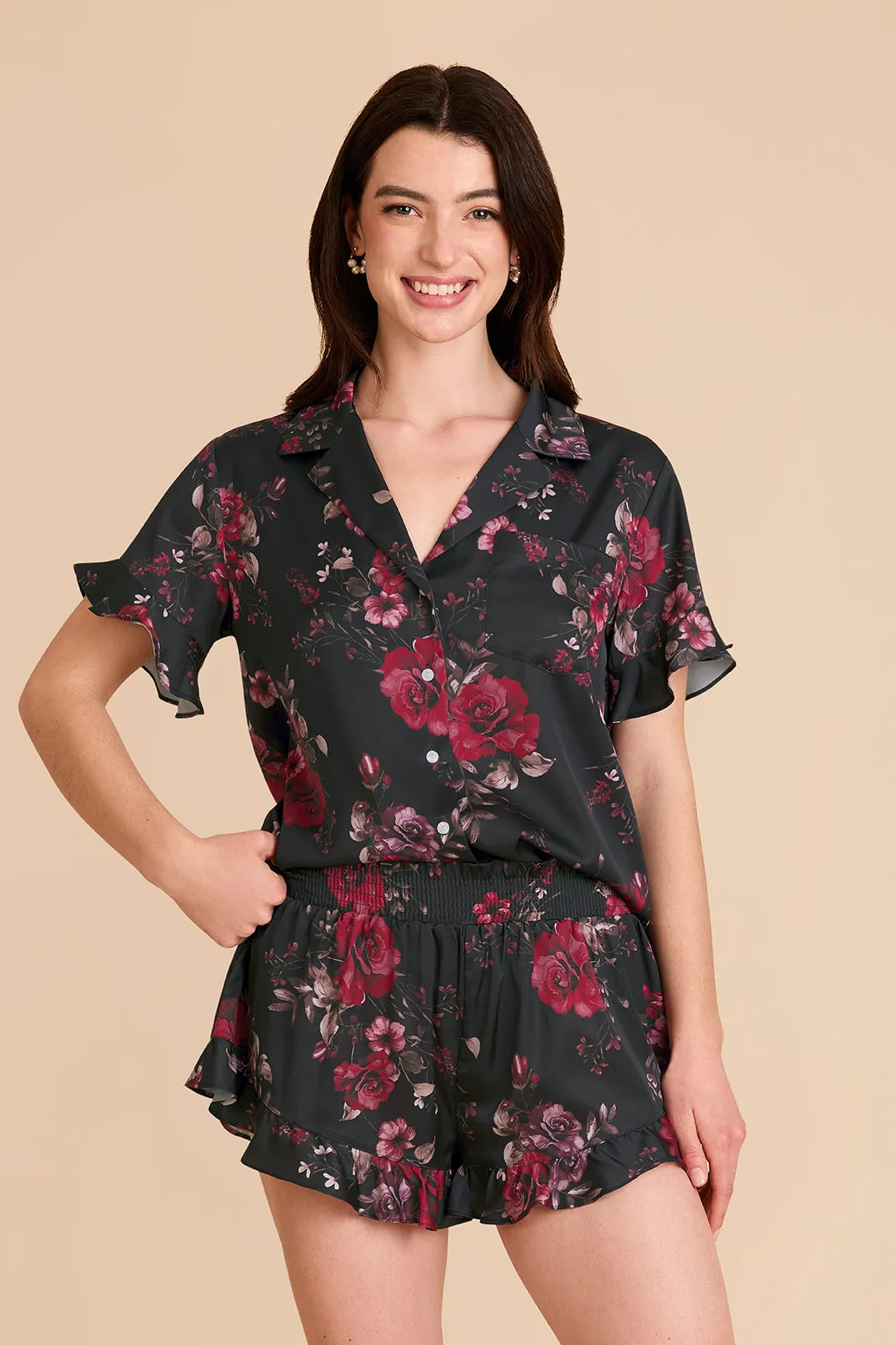 Esther Matte Satin Pajama Set - Black Fleurs D'Amour sold by Birdy Grey product image thumbnail 3
