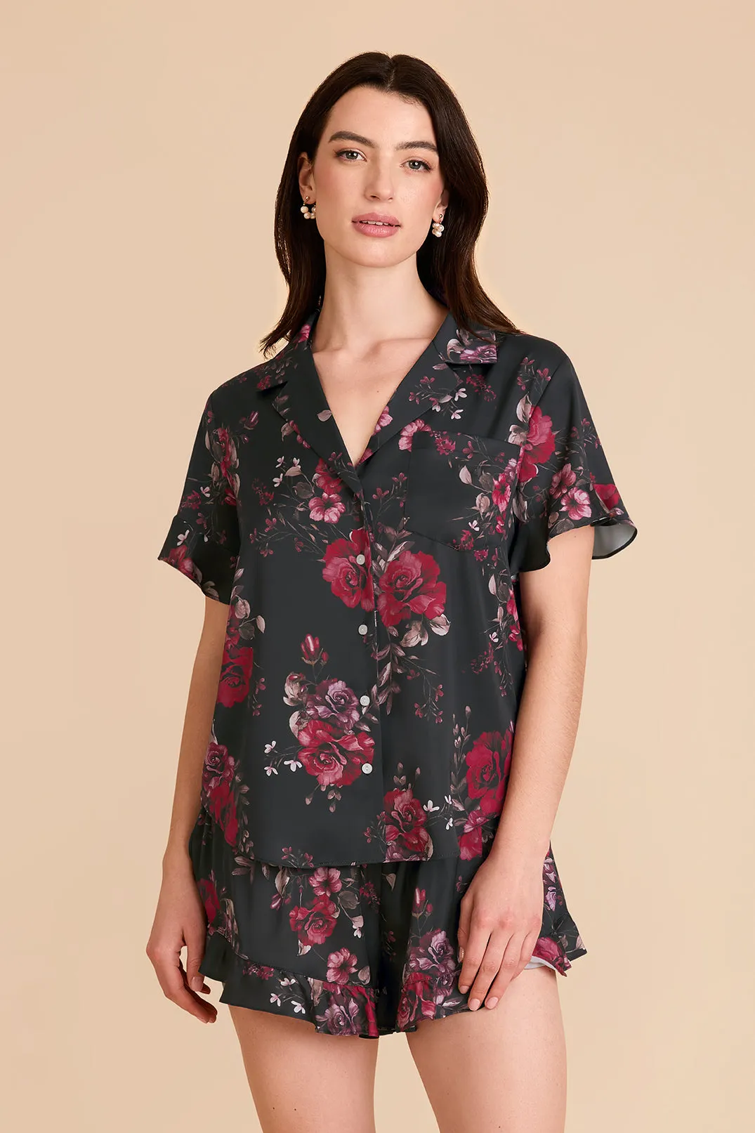 Esther Matte Satin Pajama Set - Black Fleurs D'Amour sold by Birdy Grey