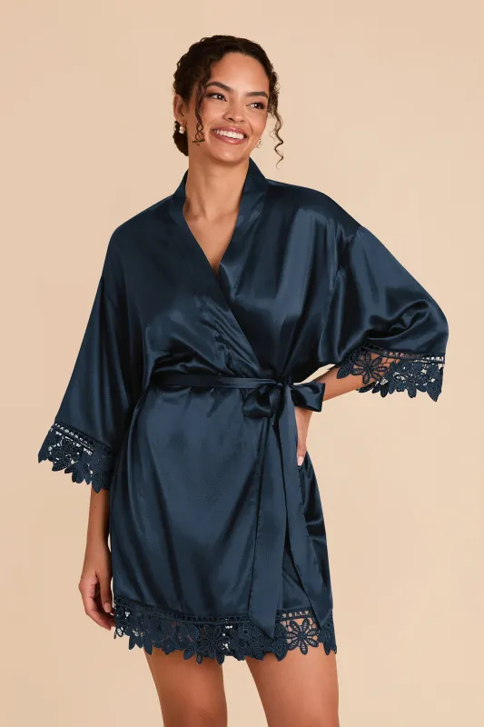 Claudine Shiny Satin Robe - Navy sold by Birdy Grey