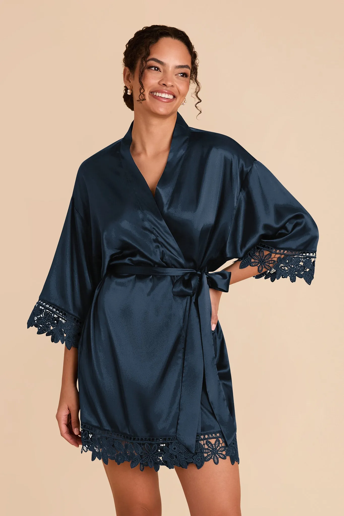 Claudine Shiny Satin Robe - Navy sold by Birdy Grey