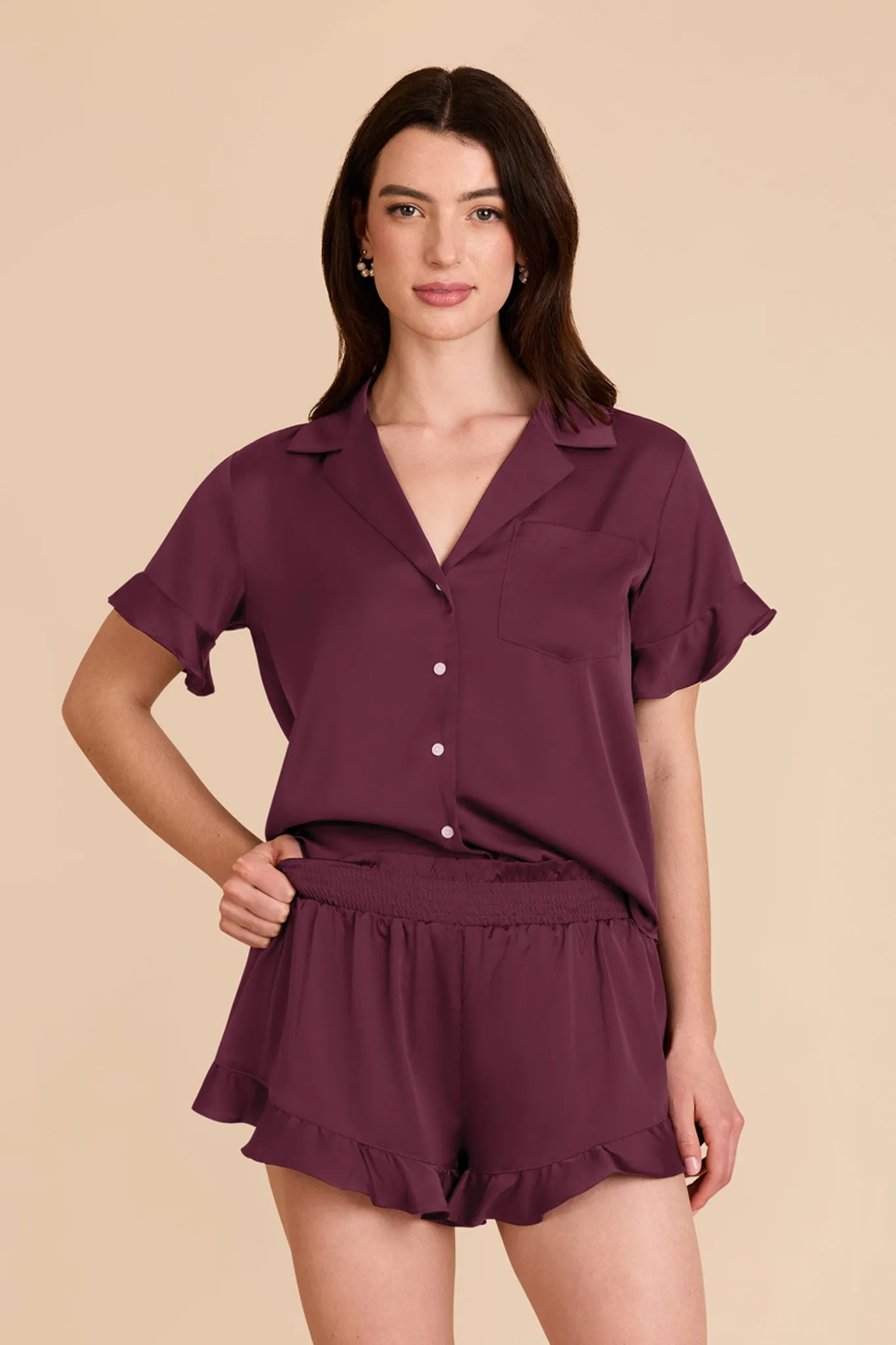 Esther Matte Satin Pajama Set - Cabernet sold by Birdy Grey