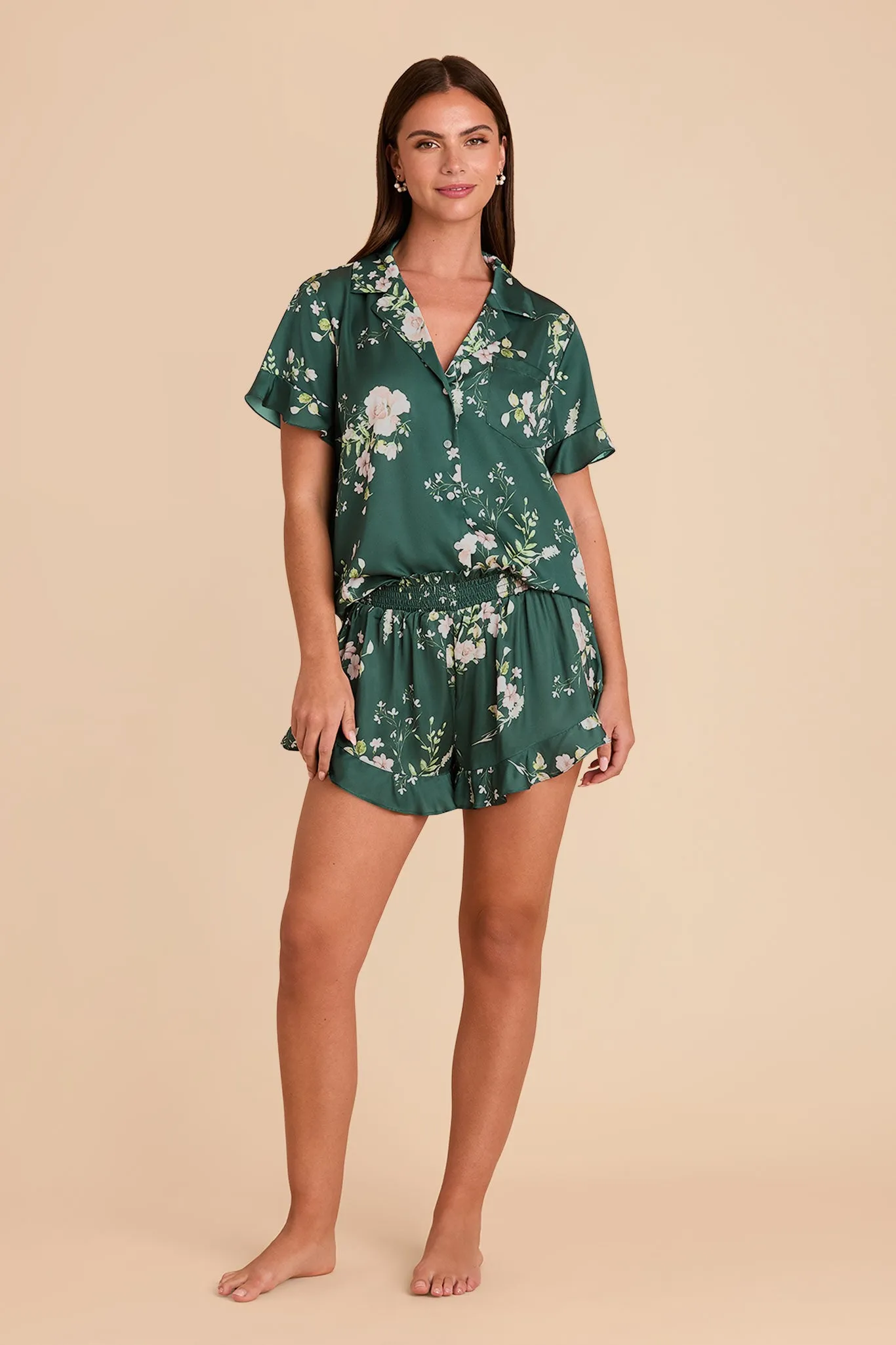 Esther Matte Satin Pajama Set - Emerald Garden Party sold by Birdy Grey product image thumbnail 2