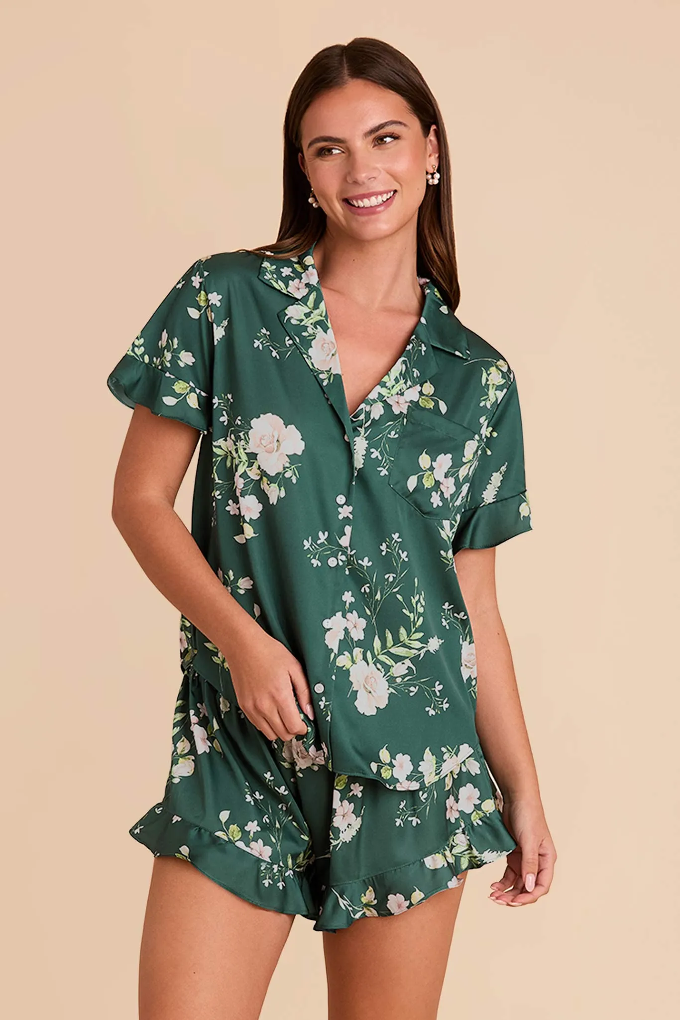 Esther Matte Satin Pajama Set - Emerald Garden Party sold by Birdy Grey product image thumbnail 5