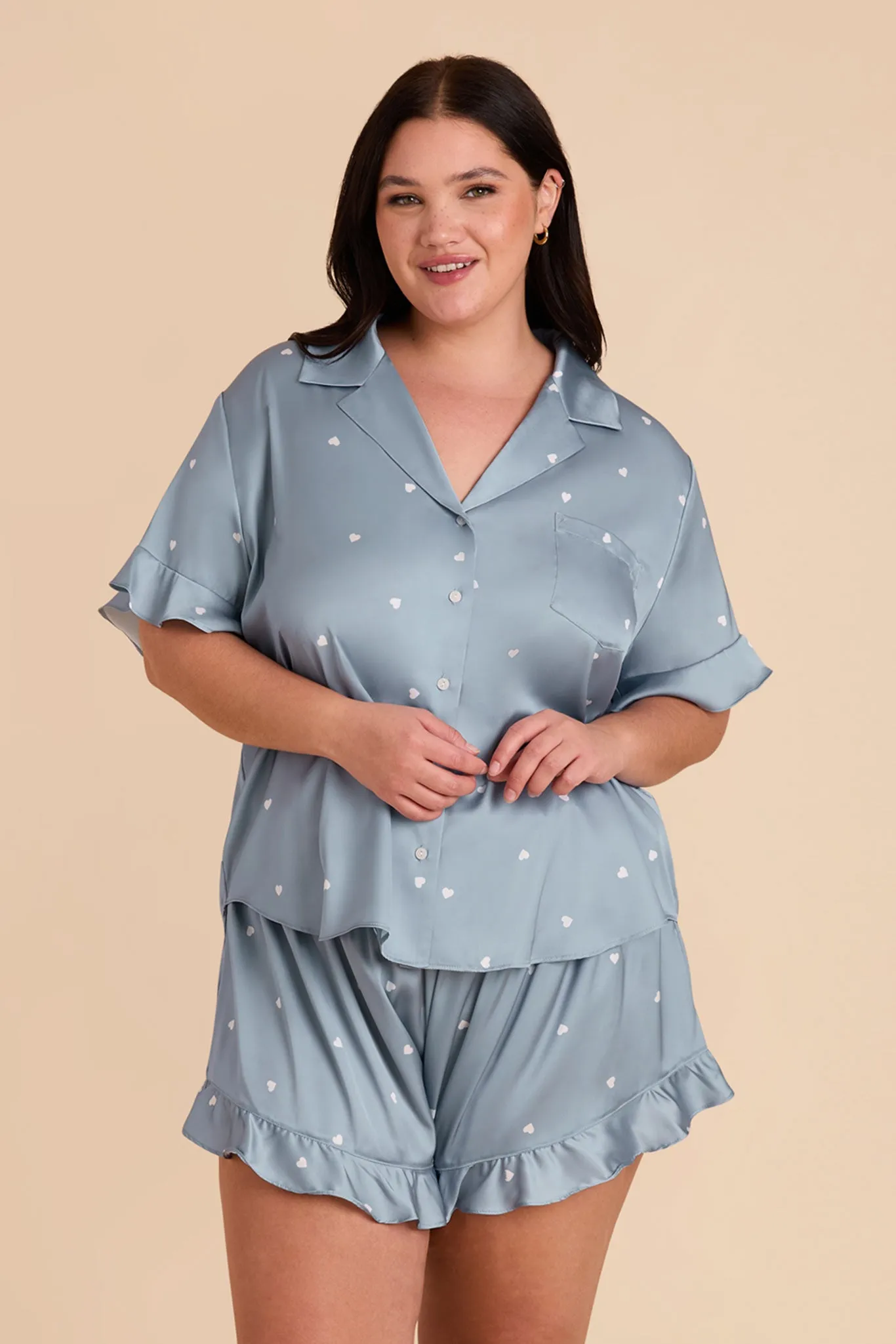 Esther Matte Satin Pajama Set - Dusty Blue White Hearts sold by Birdy Grey product image thumbnail 2
