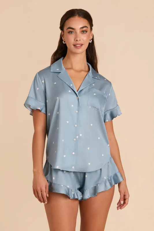 Esther Matte Satin Pajama Set - Dusty Blue White Hearts sold by Birdy Grey