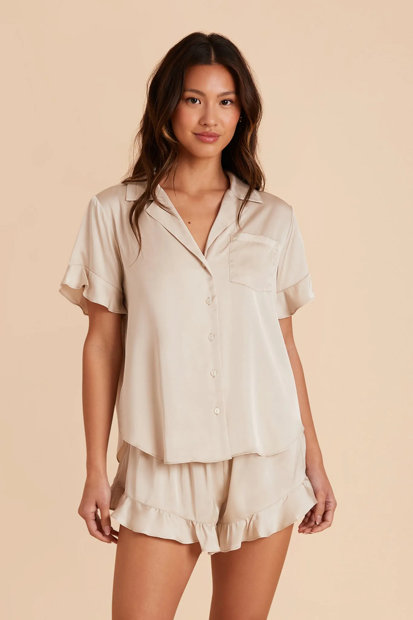 Esther Matte Satin Pajama Set - Neutral Champagne sold by Birdy Grey