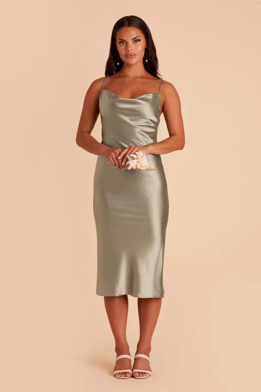 Liza Shiny Satin Dress - Moss Green sold by Birdy Grey