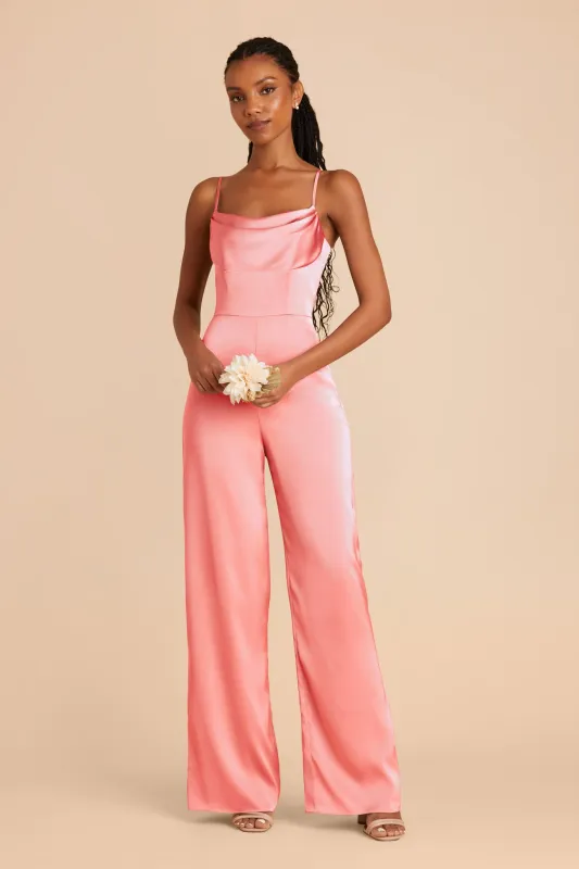 Donna Matte Satin Jumpsuit - Coral Pink sold by Birdy Grey