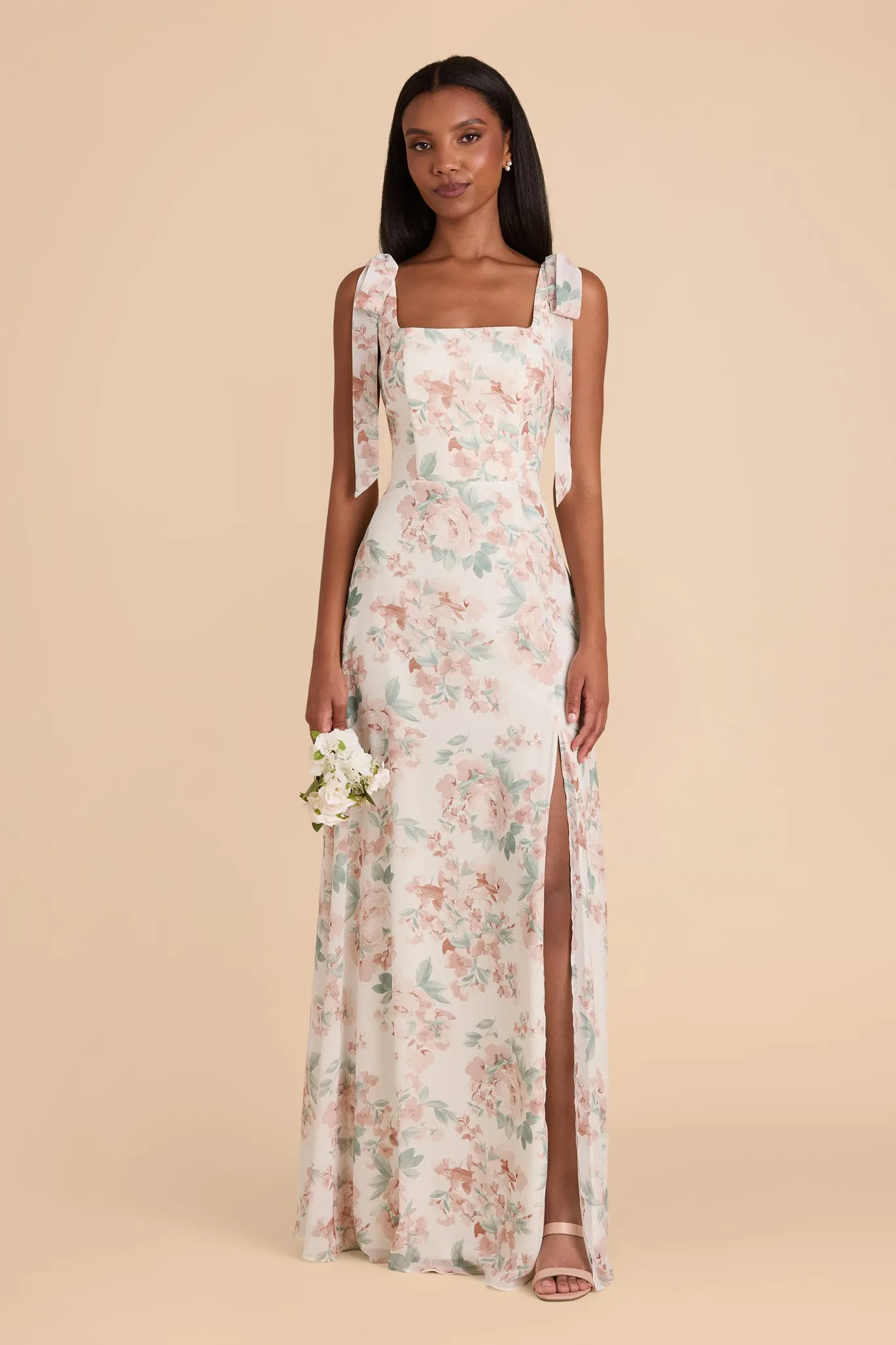 Alex Chiffon Dress - Dusty Apricot Peonies sold by Birdy Grey