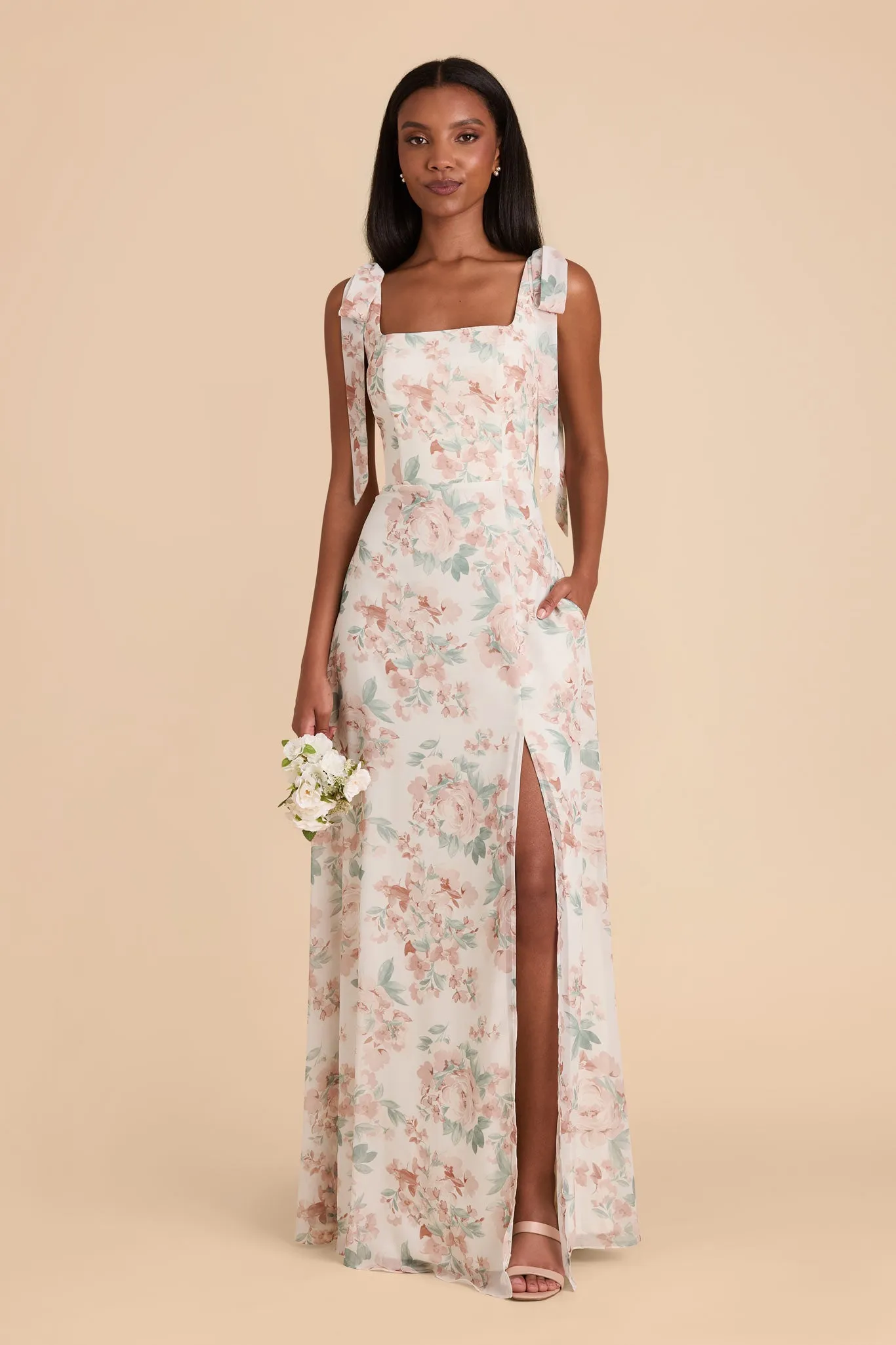 Alex Chiffon Dress - Dusty Apricot Peonies sold by Birdy Grey product image thumbnail 4