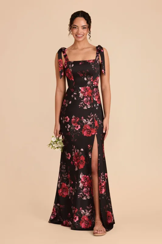 Alex Matte Satin Dress - Black Fleurs D'Amour sold by Birdy Grey