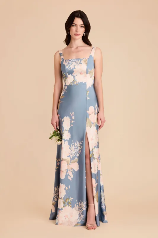 Alex Matte Satin Dress - Dusty Blue Romantic Bouquet sold by Birdy Grey