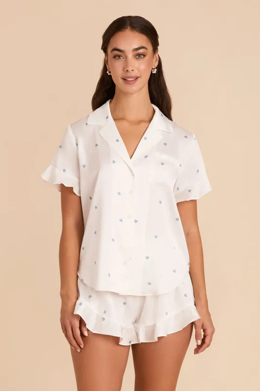 Esther Pajamas - White Dusty Blue Hearts sold by Birdy Grey